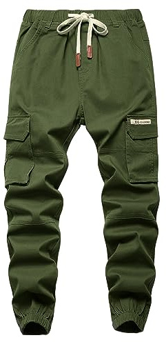 YoungSoul Pantalon Cargo Garçon - Jogging Slim Enfant - Pantalon Garcon Taille Élastiquée, Armée Vert, 5-6 Ans/Taille 130