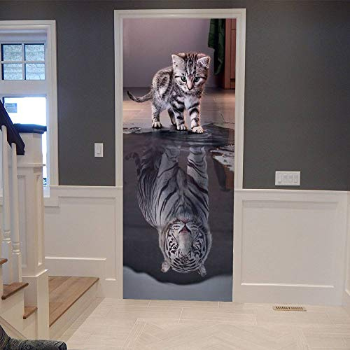 Pegatinas Puerta 3D Autoadhesivas Stickers Murales - Gato convierte Tigre - Papel Pintado Puerta PVC Decor Póster de Puerta para Cuarto Sala Puertas Decoración 77 x 200 cm