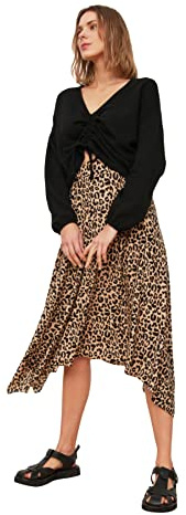 Trendyol Women's Brown Leopard Patterned Asimétric Knitted Skirt XL