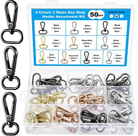 Knpwer 50 Stk Schwenk Karabinerhaken,Metallwirbel Verschlüsse,360 Grad drehbar Trigger Snap,Schlüsselanhänger D-Ringen 3 Größen, 16 mm, 20 mm, 25 mm