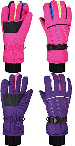 Geyoga 2 Paar Kinder Winter Skihandschuhe Schneehandschuhe wasserdichte Kinder Snowboard Handschuhe (Lila, Rosa, 8-14 Jahre)