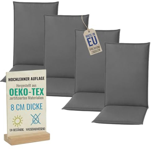 Pillows24 - Hochlehner Auflagen 4er Set - 120x50cm – 8cm Dick - Premium-Material 200gsm, UV- & Wasserabweisend | Sitzauflagen Hochlehner | Gartenstuhlauflagen für Gartenmöbel | Dunkelgrau