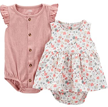 Simple Joys by Carter's Baby Girls' Sleeveless Rompers, Pack of 2, Peach/White Floral, 0-3 Months