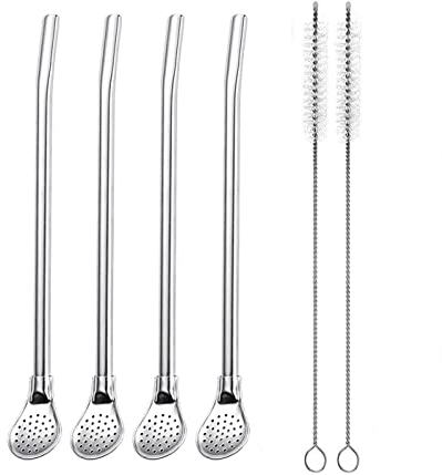 4pcs Edelstahl-Trinkhalme mit Filterlöffel, YiXuTag Teestrohhalme, Mate Bombilla, Kaffee-Rührstab für Eistee, Cocktail, mit 2 Reinigungsbürsten (Silber)