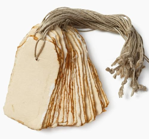 Wanderings Handmade Vintage Deckle Edge Tags with String - 2x4 / 5x10cm - Pack of 25 - Ideal for Price or Gift Tags, Arts, Crafts, Place Cards, Name Cards - Cold Press Thick 150 GSM