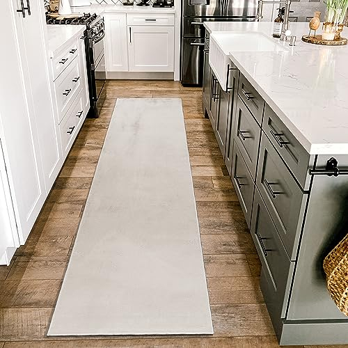 HomebyHome Teppich Wohnzimmer 80x250 cm Läufer Flur Beige Waschbarer Hochflor Flauschiger Teppiche Moderne Design - Küchenteppich Waschbar Shaggy Extra Weich Teppich für Schlafzimmer Küchenläufer