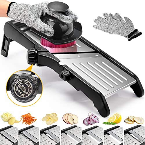 Gemüsehobel Mandoline, 7-in-1 Verstellbar Mandoline Gemüsehobel, Multifunktion Scheiben, Julienne, Edelstahl Gemüsehobel mit 1 Anti-Schneid-Handschuhe,1 Reinigungsbürste