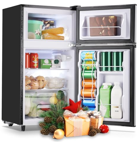 WANAI Double Door Small Refrigerator with Freezer-on-top, 3.5 Cubic Feet Mini Fridge with 7-Level Adjustable Thermostat for Office, Dorm, Bedroom, Home and Apartment, Silver