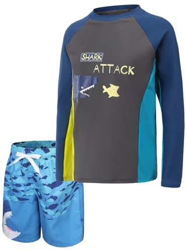 Big Boys Rash Guard Set for Boys 2 Piece Long Sleeve Swimsuits Set Swim Shirts with Trunks Quick Dry Bathing Suits Swim Set Dark Gray Shark Size 10/8-10 Years