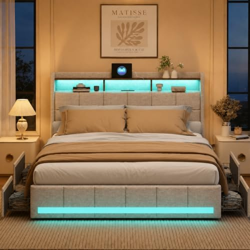 Säng 140 x 200 med förvaringsutrymme, dubbelsäng med USB-uttag och LED-ljus, ungdomssäng med 4 lådor, sängstruktur med huvudgavel och ribbotten, linneduk, utan madrass, beige