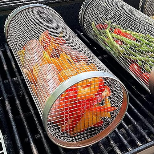 Cylindrisk grillkorg, 2 stycken rullande grillkorg-set, BBQ-grillkorg, grillbur 304 rostfritt stål rullande grillkorg, grillkorg med gaffel cylindrisk grillkorg rotisserie grillgryta trumma