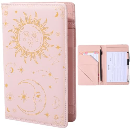 CREATCABIN Pink Server Books PU Leather Server Book with Zipper and Pocket Sun Moon Writing Instrument Waiter Waitress Clipboards Booklet Organizer for Restaurant Cafes Bars Ticket Receipt Holder