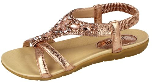 Ladies Faux Leather Open Toe Jewel Diamante Encrusted T Bar Elastic Sling Back Flat Gladiator Summer Sandals Size 4-8 (Rose Gold, UK Footwear Size System, Adult, Women, Numeric, Medium, 7)