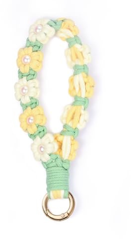 AOKSUNOVA Makramee Schlüsselanhänger Frauen Kurz Schlüsselband Geflochten Blume Gelb + Weiß+ Grün
