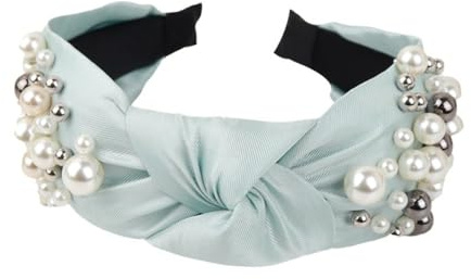 Hårband dam, pärlpannband, knut diadem, vintage hårband, breda hårsmycken, pärlknutna pannband, pannband för kvinnor, flickor, bröllop, fest, gåvor, ljusblå