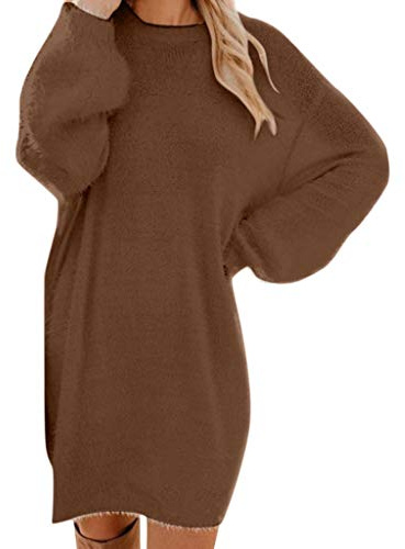 Lggwunsi Pull Automne Femme - Chic et Elegant Robe Manche Longue Hiver Femme Grande Taille Robes Longues Femmes Chaude Tricot Dress Oversize Vêtements Col Rond Couleur Unie,Marron,3XL