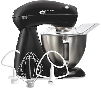 Hamilton Beach Die-Cast Metal Classic Electric Stand Mixer, 12 Speeds, 4.5-Quart Stainless Steel Bowl, Includes Flat Beater, Whisk, Dough Hook & Pour Shield, Powder-Coated Black Finish (63227N)
