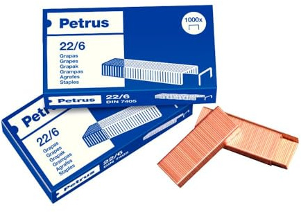 Petrus 55781 – Grapas 22/6 para Grapadoras, Hasta 30 Hojas 80 g/m², Patilla 6 mm, Blíster 4 Cajas de 1.000 Grapas