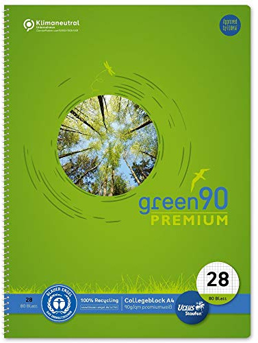 Staufen Green Collegeblock – DIN A4, linjering 28 (rutig med marginallinjer), 80 ark, 4-håls perforering, premiumvit 90 g/m² återvunnet papper, 1 st
