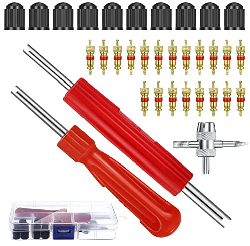 tonyg-p 33 Stück Reifenventilentferner Ventil Reparatur mit Doppel und Einzelkopf Ventilkern, 1 Stück 4 Wege Ventilkernwerkzeug, 10 Stück Reifenventilkappen, 20 Stück Ventilkern