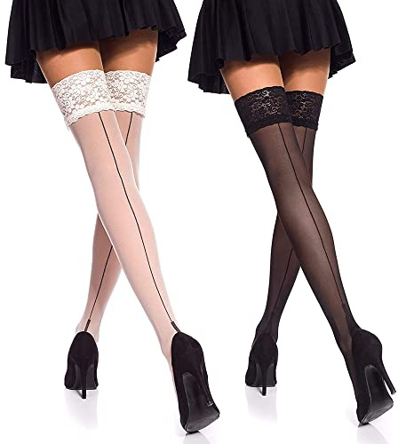 HSAJS Collant Donna Autoreggenti con Balza in Pizzo Calze a Rete con Cucitura Posteriore Reggicalze Hot Eleganti Velate Trasparenti per Festa Serata