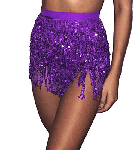 Damen Rave Rock Fransen Rock Pailletten Quaste Rock Bauchtanz Kostüm Bauchtanz Mini Rock Hüftschal Rave Outfit für Frauen und Mädchen (Lila, One Size)