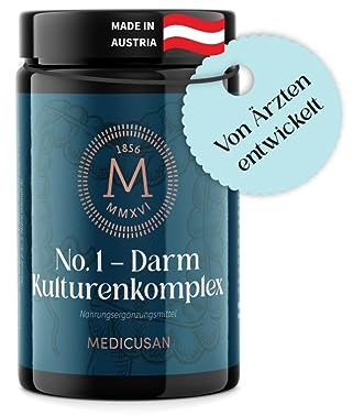 Medicusan No.1 Darm Kulturenkomplex – 12 Bakterienstämme u.a. Lactobacillus Rhamnosus – 12 Mrd. KBE – 50 mg Inulin – 100% NRV Riboflavin – 20% NRV Niacin – 1 Kapsel/Tag – 90 Kapseln/90 Tage