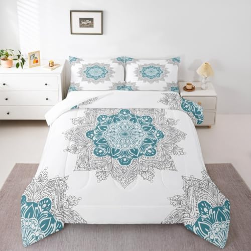 Erosebridal Hippie Mandala Comforter Set Queen for Girls Boys Bohemian Floral Bedding Set, Boho Paisley Down Comforter Indian Medallion Bed Set, Chic Aesthetic Quilted Duvet White Teal Room Decoration