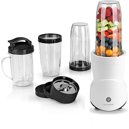 KOCHWERK Smoothie Maker 12-tlg | To-Go Deckel & 4 Mixbehälter | Für Obst, Gemüse & Nüsse | Mit Ice-Crush Funktion | Mini-Standmixer zum Mixen, Rühren, Zerkleinern, Mahlen, Hacken & Pürieren | BPA-Frei