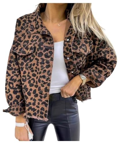 QREXVOG Women's Denim Jackets Leopard Print Denim Jacket Button Down Denim Jacket Casual Jean Coat