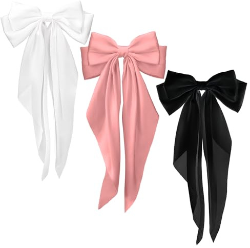 Silky Satin Hair Bows, 3 PCS Big Black White Pink Bowknot Set Metal Spring Clip Oversized Long Tail Hair Ribbons Ponytail Holder French Barrettes Hair Accessories for Women, Christmas Gifts