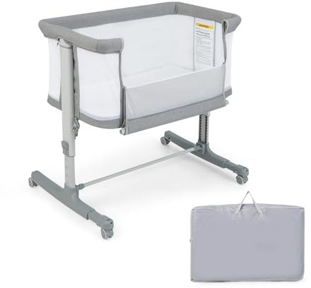 DREAMADE 2 in 1 Beistellbett, 5-stufig Höhenverstellbar Reisebett mit Matratze & Rollen, 86 x 63cm Stubenwagen Baby ab Geburt bis 9 kg, 10° Neigung Babybett (Modell 2-Hellgrau)