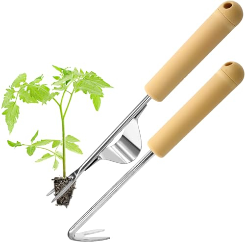 Huahuanghui Unkrautstecher Edelstahl, 2 Stück Gartengeräte Unkrautjäter mit Holzgriff Manueller Weeder Handjätgerät Wurzeljäter Unkrautgabel für Garten Jäten,Umpflanzen,Gartenwerkzeug Set