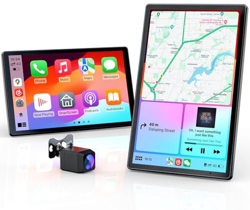 Krunia Schermo Portatile 8'' per Apple CarPlay e Android Auto, Display HD 1440x900, Supporto Magnetico, Aggiornamenti OTA, Telecamera di Retromarcia, Bluetooth, Controllo Vocale, Navigazione GPS