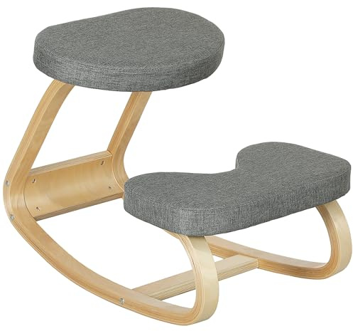 HOMCOM Kniesitz, ergonomischer Schaukelstuhl aus Holz, Kniestuhl für das Heimbüro, Verbesserung der Körperhaltung, Rückenschmerzen, grau
