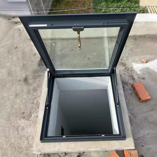 Claraboya Techo Ventanas de Aluminio para Techo Plano o Inclinado con Manija, Ventanas Contra Tormentas Reforzadas para Loft de Sótano, Tragaluz de Ventilación Negro con Vidrio Reforzado(64x64cm/25.2x
