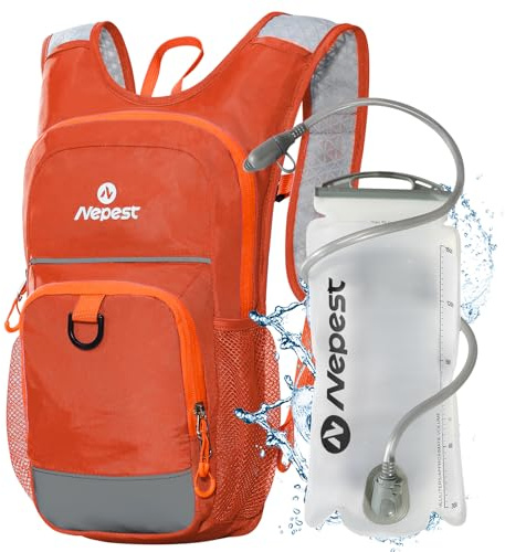 Nepest Mochila de hidratación para niños, mini mochila de agua con bolsa de agua de 1.5 L para senderismo, ciclismo, correr, naranja