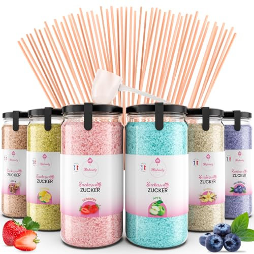 Misskandy® sucre barbe à papa pour machine- Lot de (6 * 240Gr) - (Arômes Naturels): Goûts: Fraise/Pomme/Cola/Myrtille/Vanille/Citron/poudre barbapapa+ 50 bâtonnets (offerts)/ Fabriqué en France