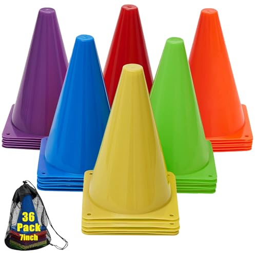 Qtheaes 7 Soccer Cones for Training, 36 Pack Sports Agility Field Plastic Small Cones for Kids Skating Basketball Football Practice Drills, 6 Colors