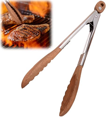 Pinzas para barbacoa de madera, pinzas de cocina de acero inoxidable con puntas de madera, pinzas de cocina de 9 pulgadas, hechas de madera de nogal natural, pinzas de cocina para barbacoa, ensalada