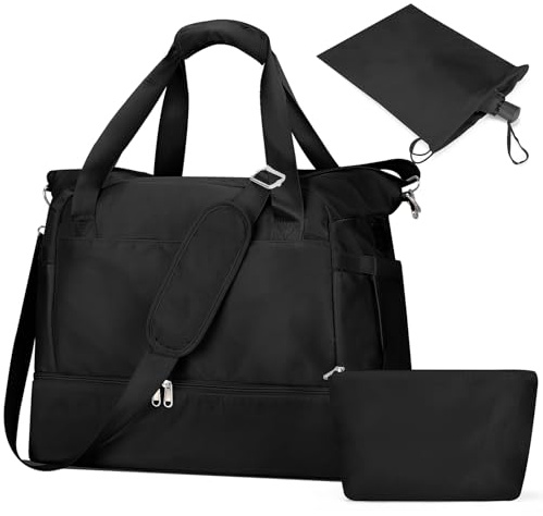 Outplea 32L Bolsa de Viaje Grand Mujer, Impermeable Bolsa Deportiva Niña con Bolsa de Aseo, Bolsas Maternidad Hospital con Compartimento para Zapatos, Bolsas de Fin de Semana para Regalo, Negro