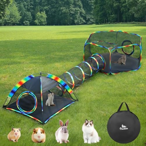 Pawaboo Parc pour Chats, 3 en 1 Enclos pour Animaux de Compagnie Portable, Clôture Pliable (1 Parc pour Animaux+1 Tente pour Animauxs+1 Tunnel pour Animauxs),Couleur Arc en Ciel