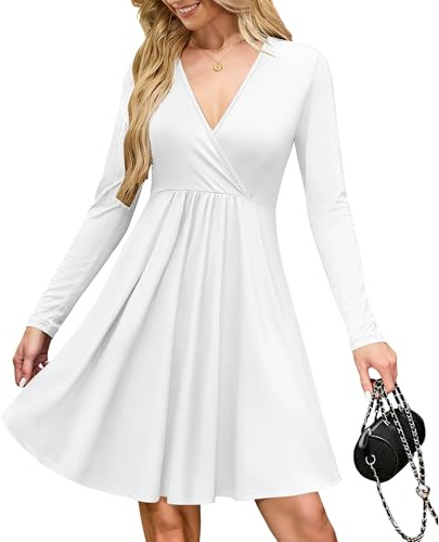 AUSELILY Wrap Dress for Women UK Autumn Winter with Pockets | V Neck High Waist Sundress Flowy Long Sleeve Elegant Casual Dresses with Pockets Knee Length Lightweight Slim