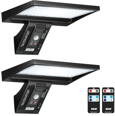 JESLED Solarlampa Utomhus 5200mAh, 104LED Utomhusbelysning med Fjärrkontroll, Dagsljus 6000K Solarlampa, 4 Lägen Solarlampa för Trädgård, Gård, 2-pack