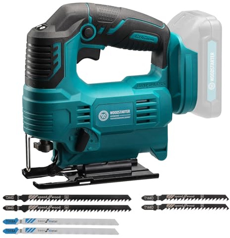 WOODSTARTER Cordless Jig Saw with Brushless Motor, 3 Adjustable Speed Settings, 45°-90° Cutting Angle, Compatible with T-Shaped Blades, Includes Dust Blowing Feature (Tool Only)