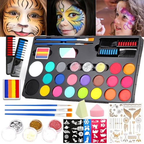 Peinture Corporelle pour Le Visage, Maquillage Hypoallergenique, 27 Couleurs Maquillage Enfant Palette avec 3 Pinceaux,3 Boîtes de Paillettes,Lavable,Sûr,Non Toxique,pour Carnaval,Soirées à Thème