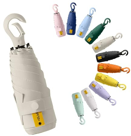 Mini Viaje Sombrilla De Mano Portátil Paraguas Plegable Compacto con Asa De Anilla Mosquetón, UPF 50+ Protección UV,Solar y Lluvia,Bolsillo,Costillas De Fibra De Vidrio, Ligero,Niños Mujeres