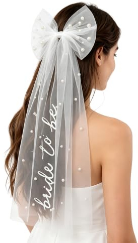 Bride to Be Veil with Pearl Bow and Clip, White Bridal Hair Accessory, Hen Party Accessories, Hen Do Veil for Bridal Shower, Bachelorette Celebration, Wedding Photo Prop, Gift for Bride