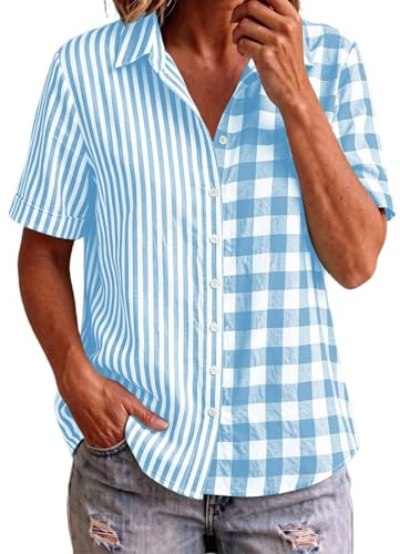 Femme Chemisier Coton Lin Col en V Manches Courtes Rayures et Carreaux Boutonnage Respirant Coupe Lâche Décontracté Blouse Été Quotidien Confortable et Polyvalent pour Vos Dorties Décontractées