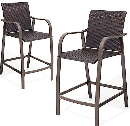 Crestlive Products Aluminum Patio Bar Stools Outdoor Wicker Bar Chairs, All Weather Backyard Furniture in Antique Brown Finish for Pool, Garden, Deck, Indoor, 2 PCS Set (Brown)